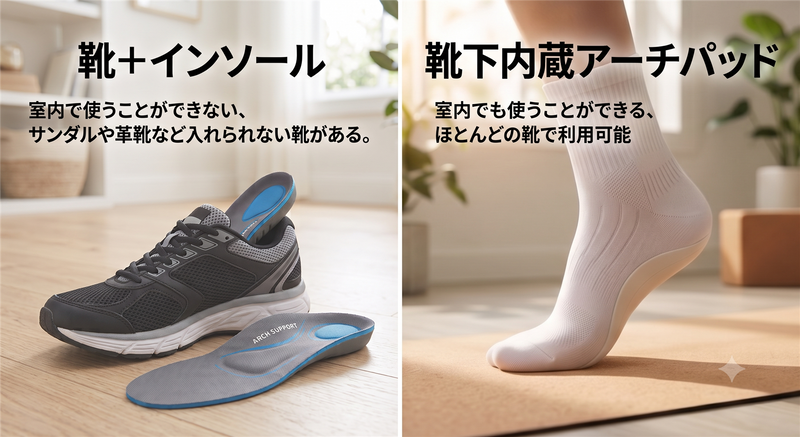 インソールとアーチサポート靴下の違いの図解。靴に入れるインソールと、アーチパッドを内蔵した靴下の対比