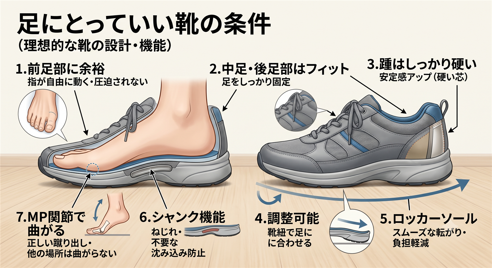 足にとって良い靴の条件7つの図解。前足部に余裕・中足〜後足部のフィット・硬い踵・靴紐での調整・ロッカーソール・シャンク機能・MP関節で曲がる