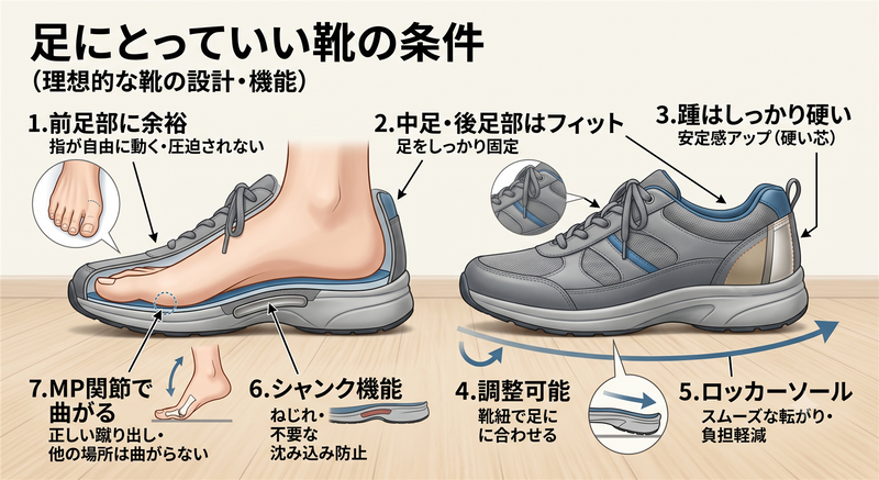 足にとって良い靴の条件7つの図解。前足部に余裕・中足〜後足部のフィット・硬い踵・靴紐での調整・ロッカーソール・シャンク機能・MP関節で曲がる