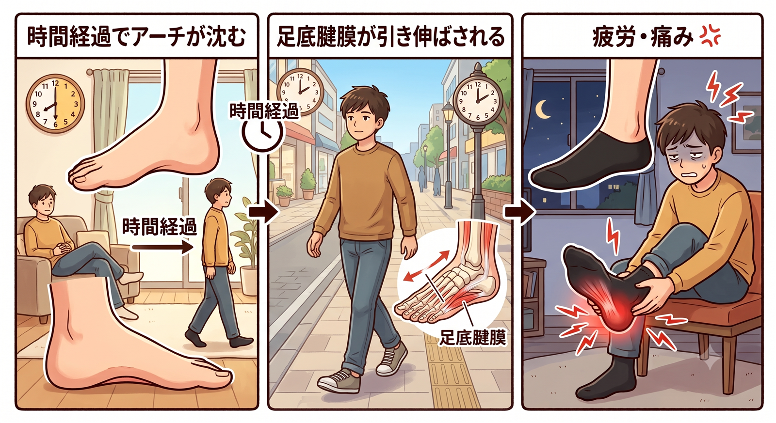 立ちっぱなし・歩きっぱなしで足が疲れる仕組みの図解。時間経過でアーチが沈み、足底腱膜が引き伸ばされて疲労・痛みにつながる