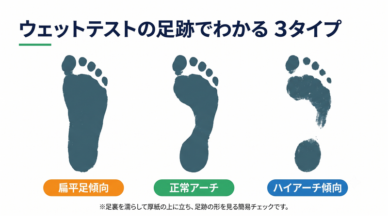 ウェットテストの足跡3タイプ（扁平足・正常アーチ・ハイアーチ）の図解