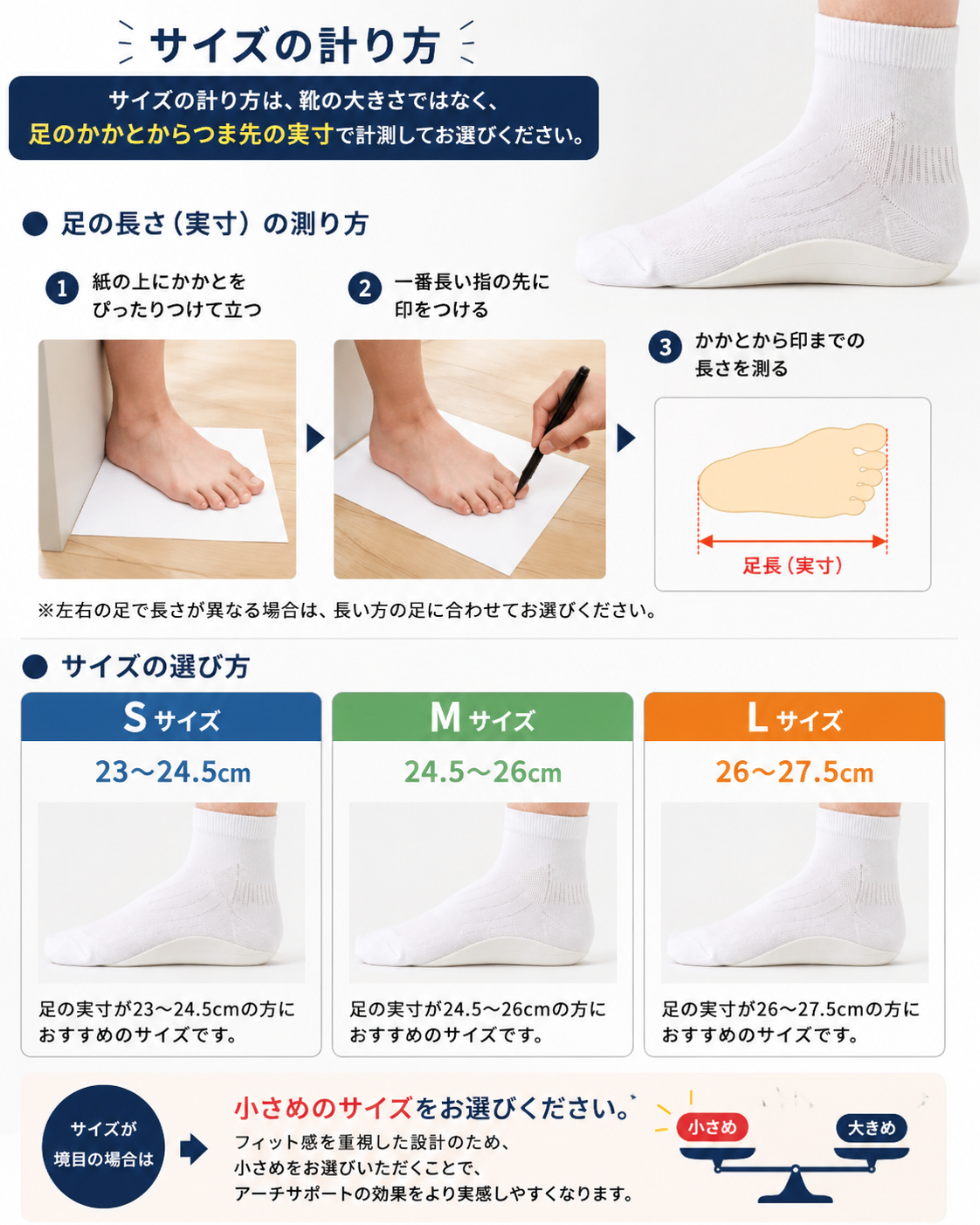 FARSサイズの選び方：かかとからつま先の実寸で計測。S 23〜24.5cm／M 24.5〜26cm／L 26〜27.5cm。境目の場合は小さめを選択
